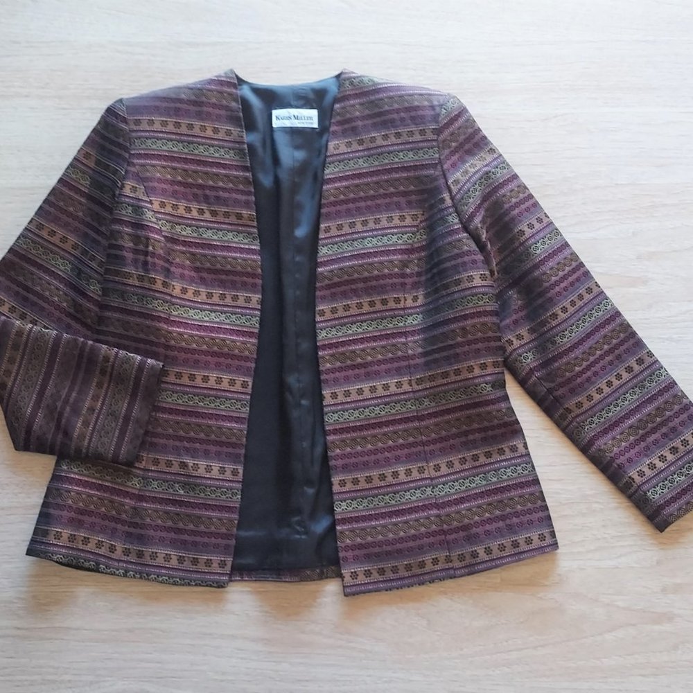 Karen Miller New York Open Front Evening Jacket Geo-Printed Metallic Brown